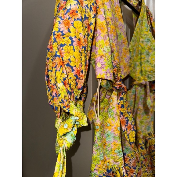 ALÉMAIS Floral Print Mini Dress Puff Sleeve Tie Cutout Backless Yellow US 10 - Picture 10 of 12